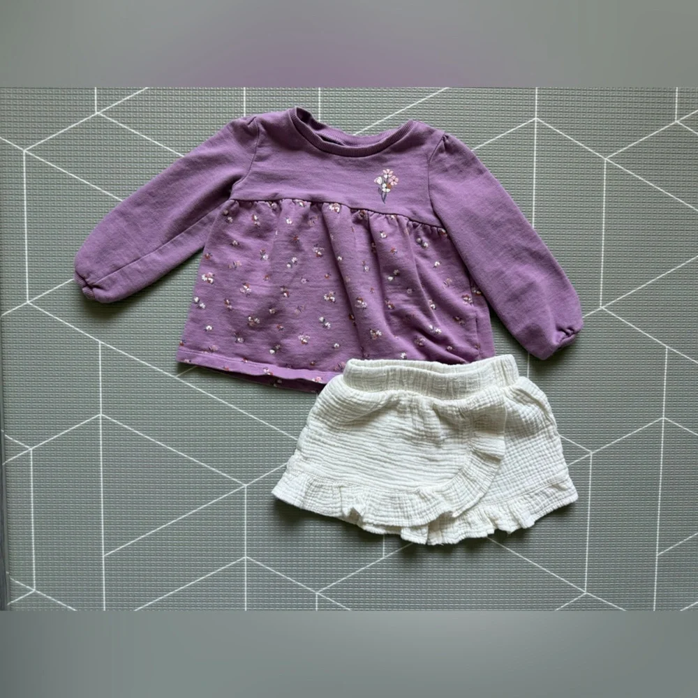 Carters|Baby girl/toddler outfit,white gauzy skirt & lilac ditsy floral top•••2T